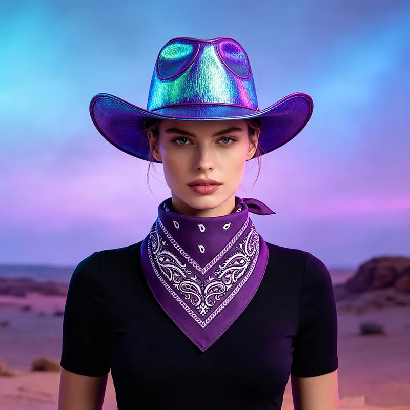 EL Wire Glowing  Cowboy Hat Square Bandana Scarf Set Neon Light Up Hat for Women Men Halloween Rave Party Cosplay Costume Outfit
