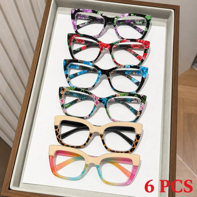 6 Pack Floral Leopard Cat Eye Reading Glasses for Women, Multi Pattern Fashion Reading Glasses Bulk Set, Multiple Diopters +1