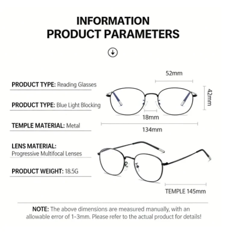 New Progressive Multifocal Reading Glasses for Both Near and Far Vision, Ultra-Light Metal Full-Frame, Anti-Blue Light, Suitable