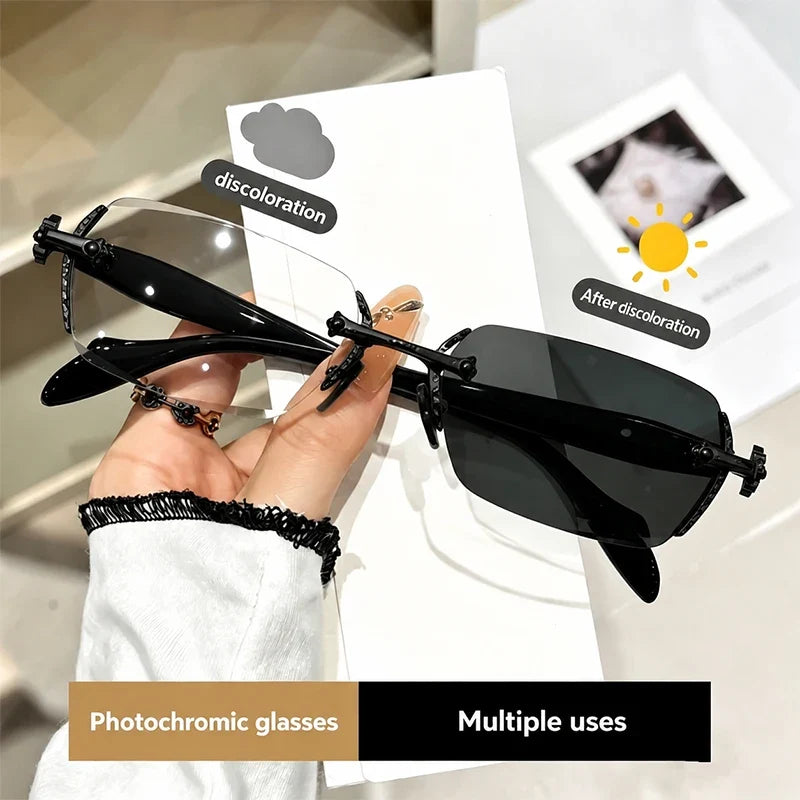 Unisex Rimless Business Glasses for Myopia, Featuring Metal Frames and Photochromic Lenses; Suitable for Daily Office Wear.