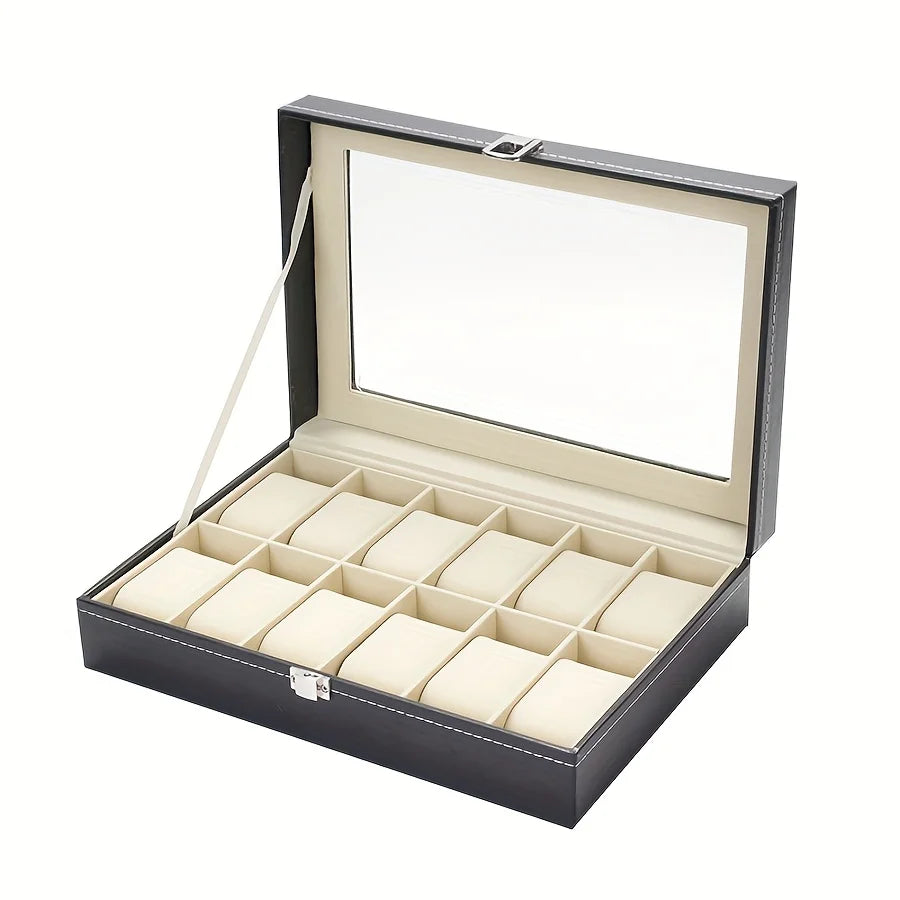 12 Slot Synthetic Leather Watch Display Case 1pc Watch Organizer with Lock Removable Pillows for Men Travel Gift