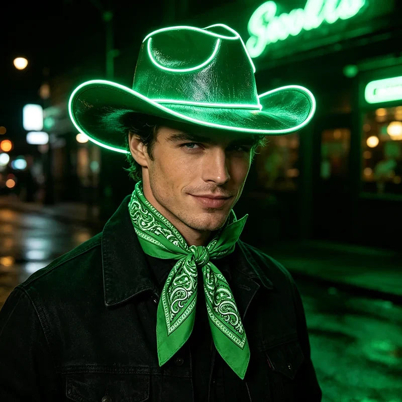 EL Wire Glowing  Cowboy Hat Square Bandana Scarf Set Neon Light Up Hat for Women Men Halloween Rave Party Cosplay Costume Outfit