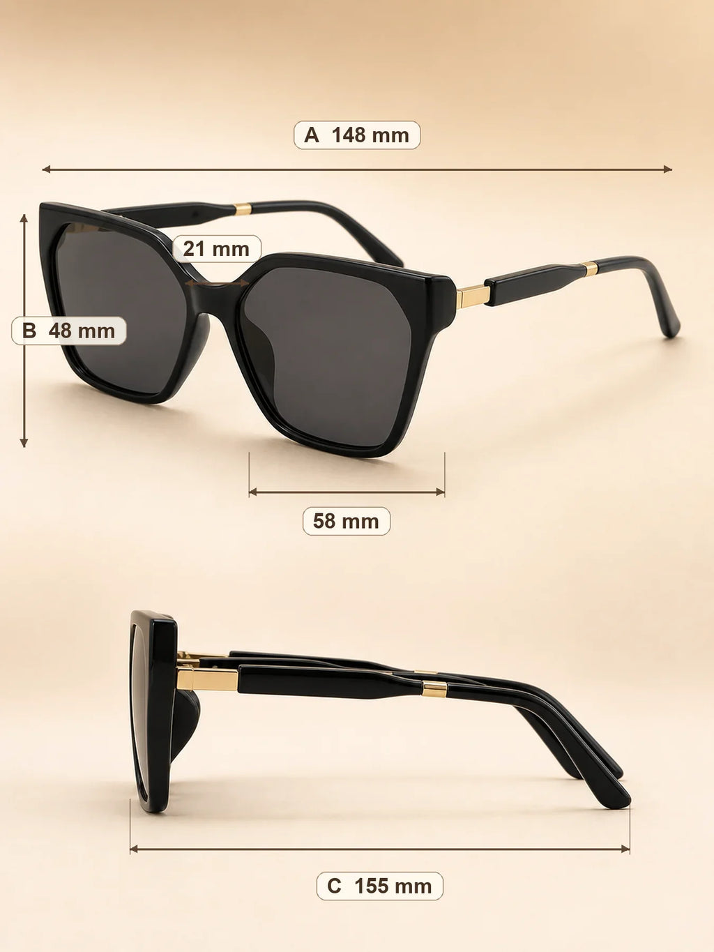High End Square Cat Eye Sunglasses with Gold Border Stitching on the Legs, Light Luxury Women's Sunglasses