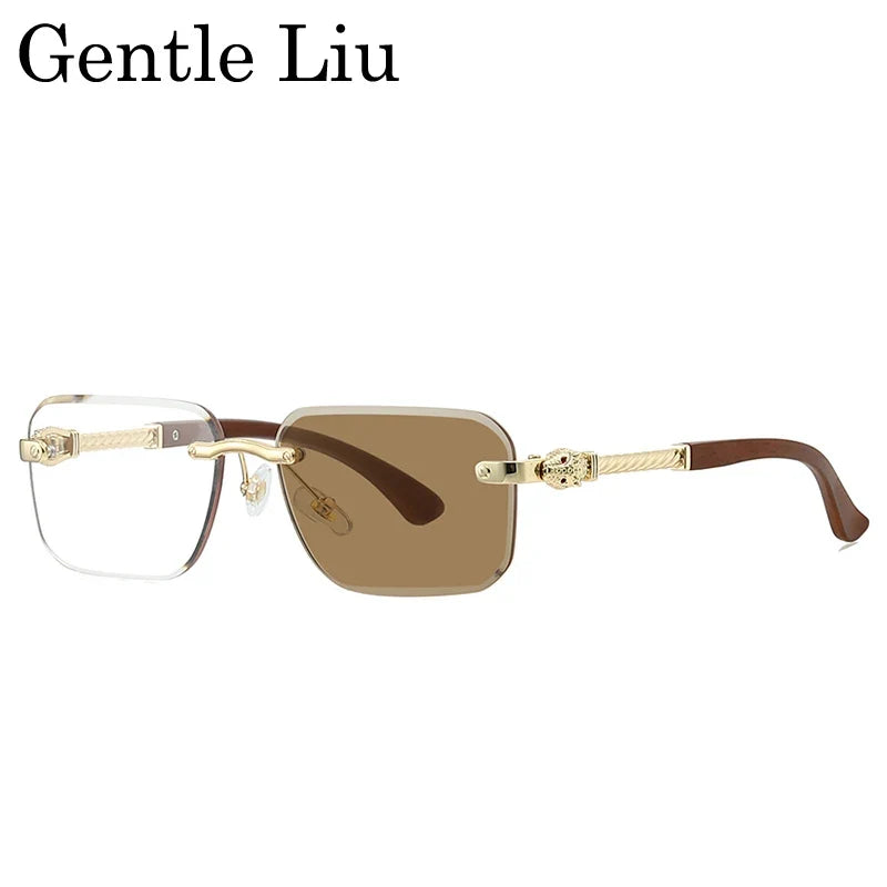 Vintage Rimless Photochromic Sunglasses Men 2026 Luxury Designer Square Frameless Leopard Head Sun Glasses Driving Eyewear Shade