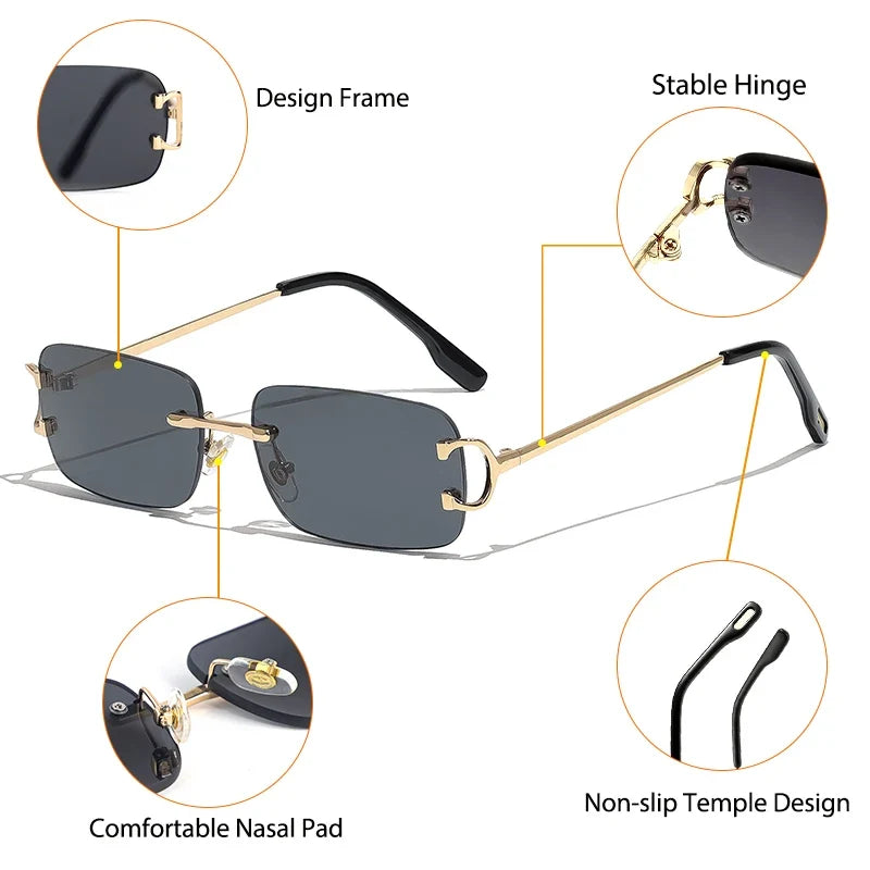 HBK Retro Borderless Sunglasses Women Square Mental Frame Sun Glasses Design Outdoor Party Travel UV400 Glasses Gift Box