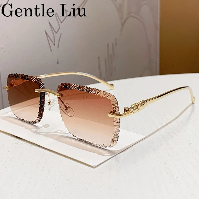 Fashion Square Rimless Punk Sunglasses Men 2025 Luxury Brand Cut Edge Frameless Sun Glasses For Male Leopard Head Eyewear Shades