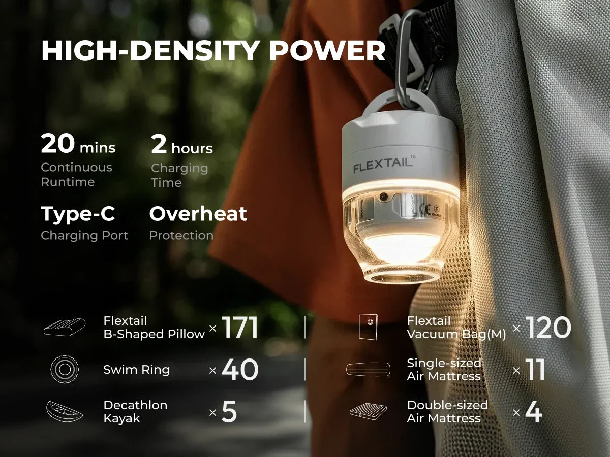 FLEXTAIL TINY PUMP 3X - 5kPa Ultra-Light Portable Air Pump, 5-Mode Camping Lamp, Multi-Purpose for Camping & Travel