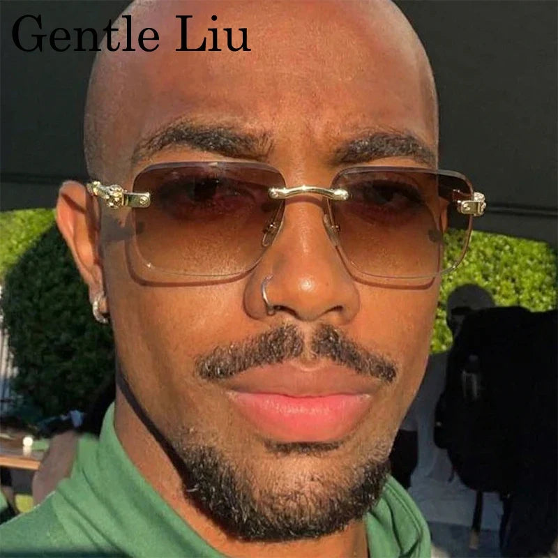 Vintage Rimless Photochromic Sunglasses Men 2026 Luxury Designer Square Frameless Leopard Head Sun Glasses Driving Eyewear Shade