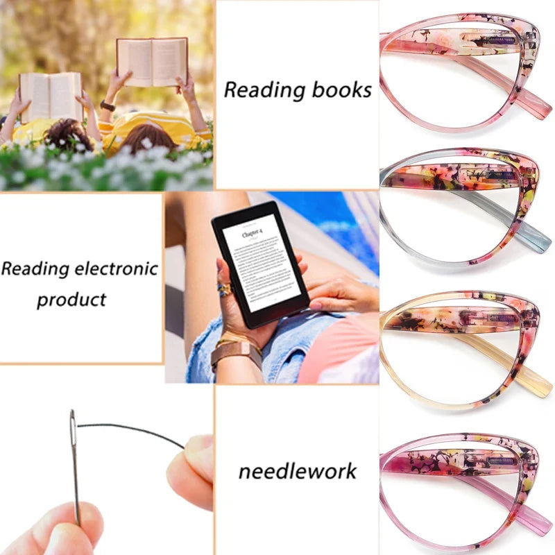 Cat's Eye Women's Anti-Blue Light Reading Glasses,, Floral Pattern Fashion Lightweight Frame, Diopter +0 ~ +4.5