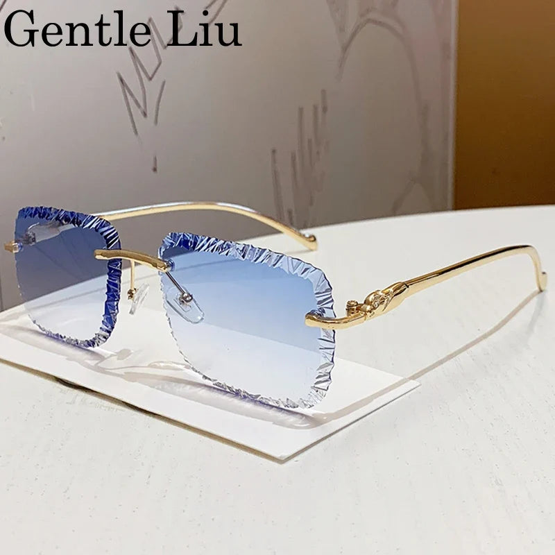 Fashion Square Rimless Punk Sunglasses Men 2025 Luxury Brand Cut Edge Frameless Sun Glasses For Male Leopard Head Eyewear Shades