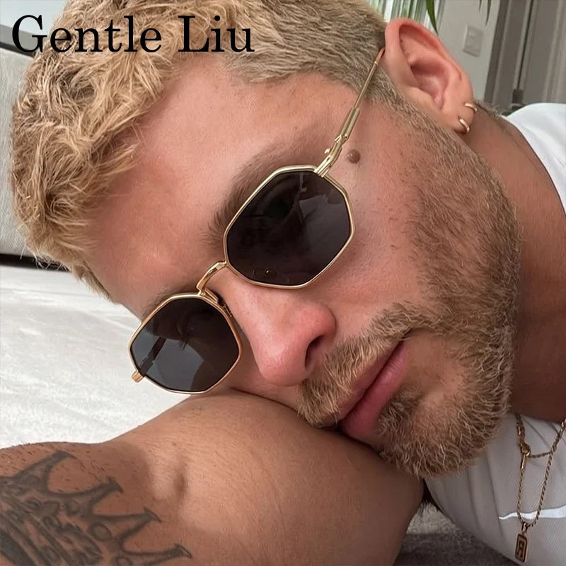 Retro Octagon Punk Sunglasses Men 2026 Luxury Designer Vintage Square Metal Frame Sun Glasses Gradient UV400 Steampunk Eyewear