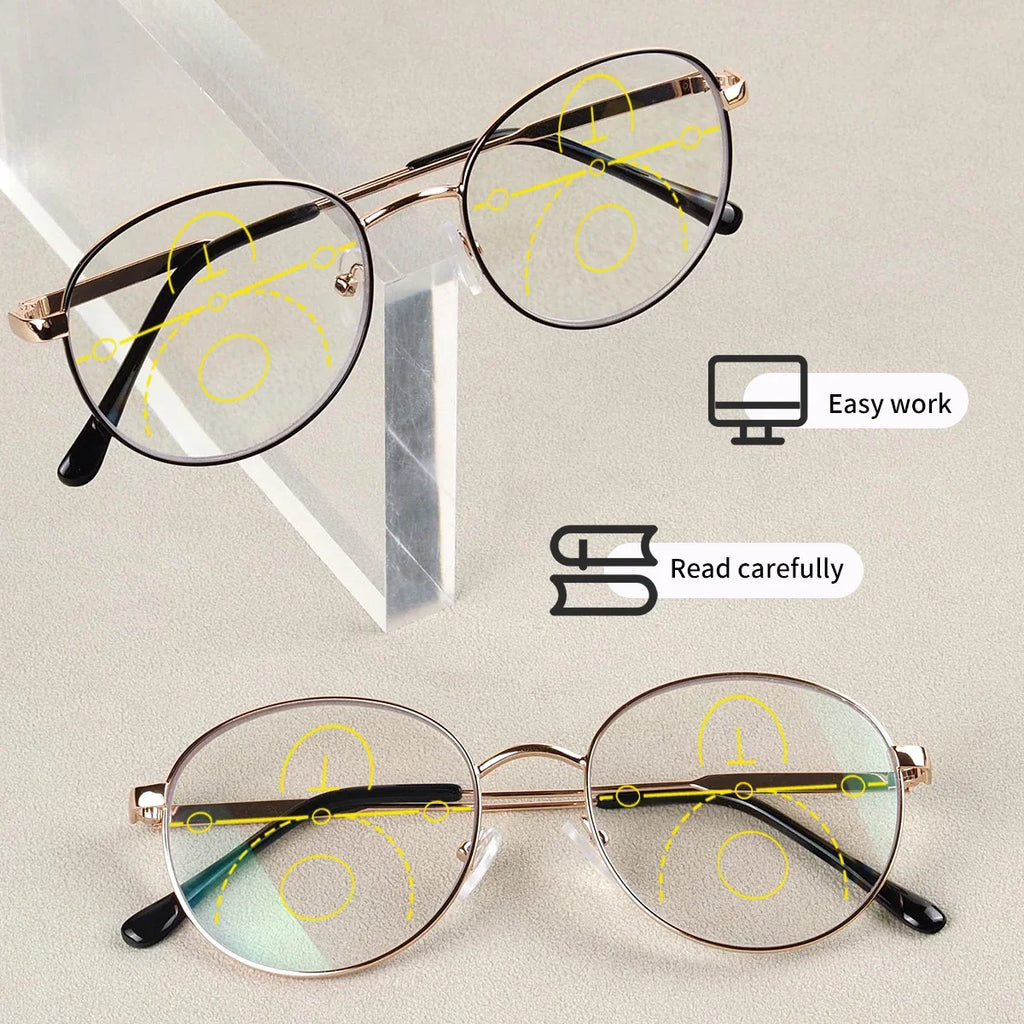 Progressive Multifocal Reading Glasses for Women Men Fashion Round Metal Frame Triple Zone Presbyopic Eyeglasses Computer Reader