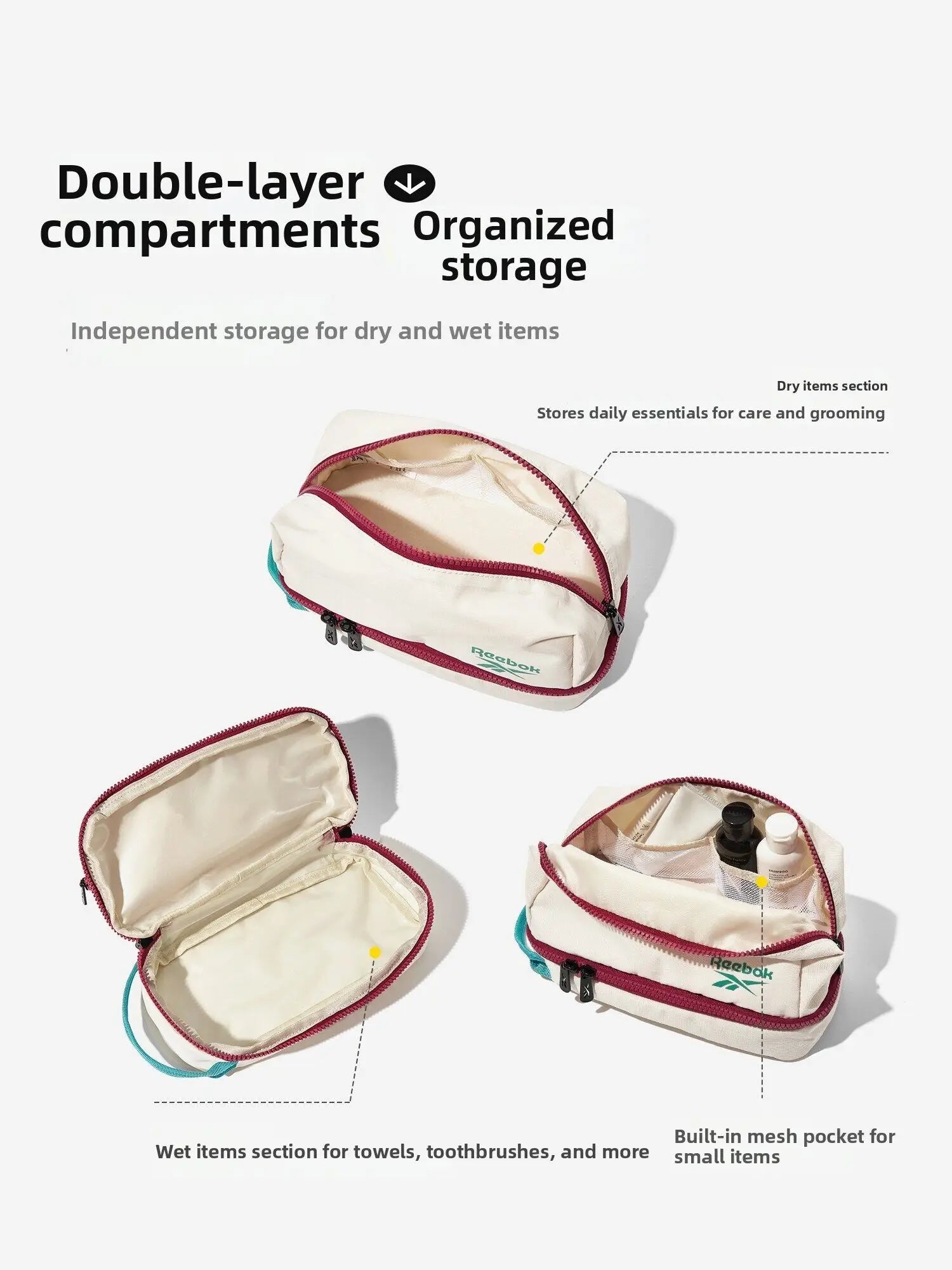 REEBOK Minimalist Lightweight Women Sports Toiletry Bag Lady Waterproof  Barrier White Travel Make Up Wash Bag