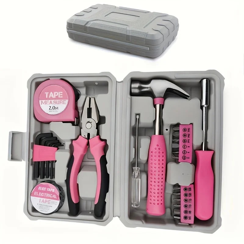 24pcs Pink Home Tool Kit Set Portable Compact Case Basic Hand Tools for Women DIY Household Repair Ideal Complete Gift