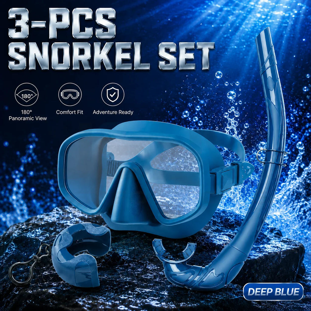 JSJM New 3PCS Snorkel Set Diving Mask Wet Snorkel Anti Fog Leak Proof Tempered Glass Wide View Silicone for Adults Men Women