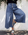 Dallas High Rise Buttons Pleated Cropped Wide Leg Denim Pants