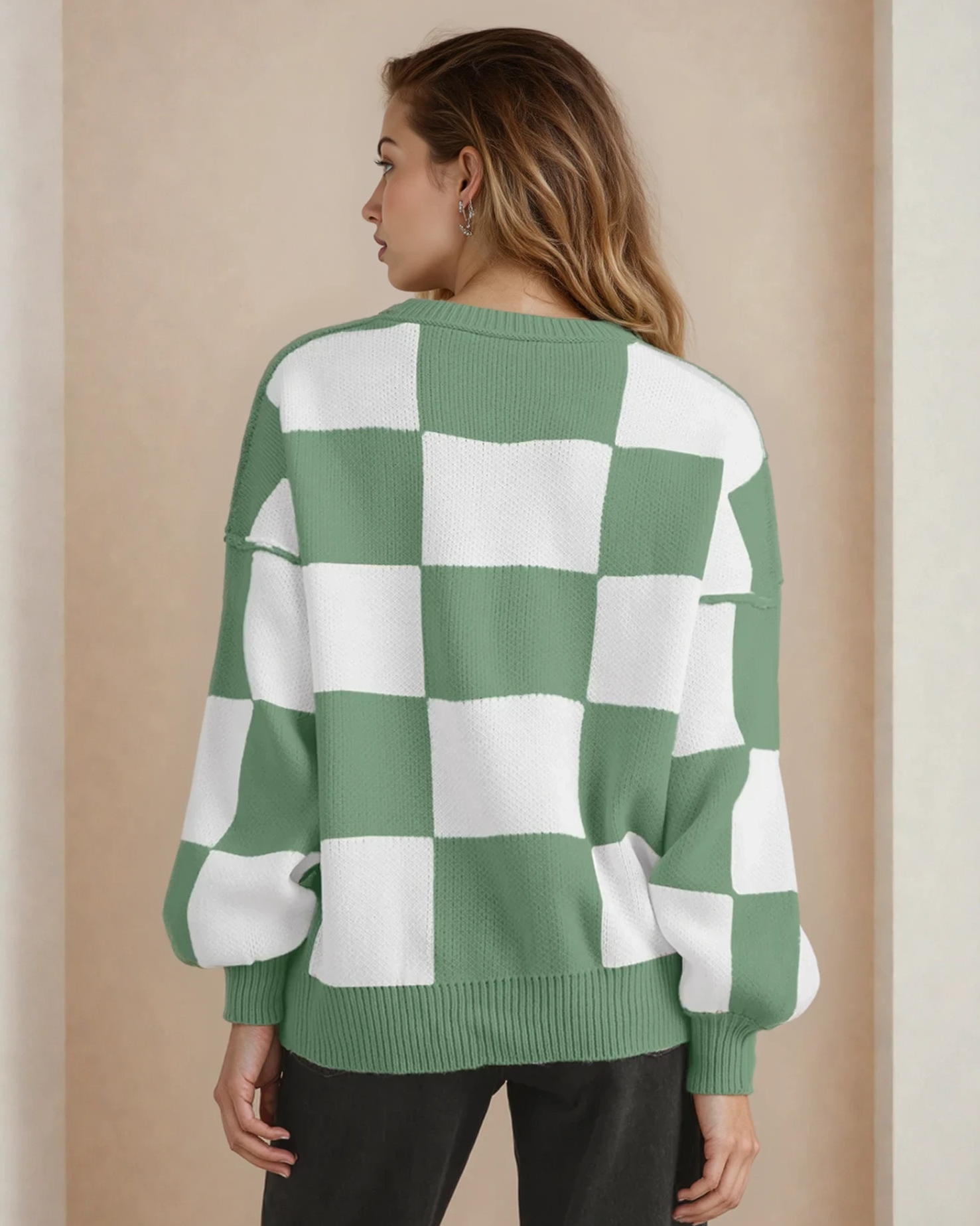 Checkered Crew Neck Sweater - Green