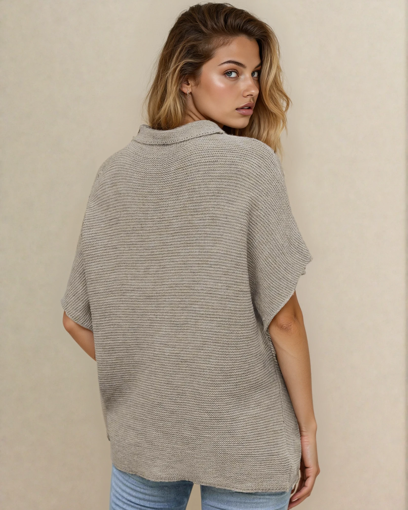 Maya Mock Neck Short Sleeve Sweater - Stone