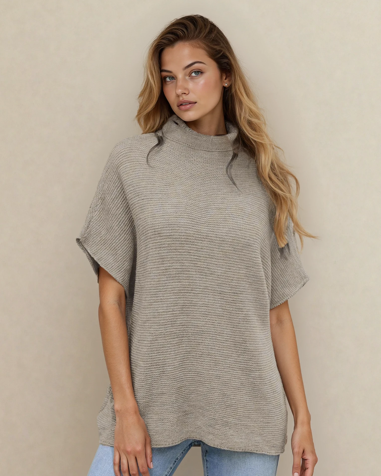Maya Mock Neck Short Sleeve Sweater - Stone