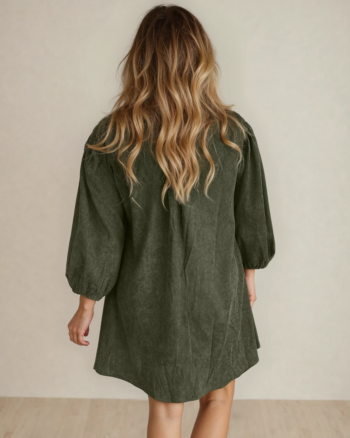 Micah Scallop Detail Pleated Corduroy Mini Dress - Green