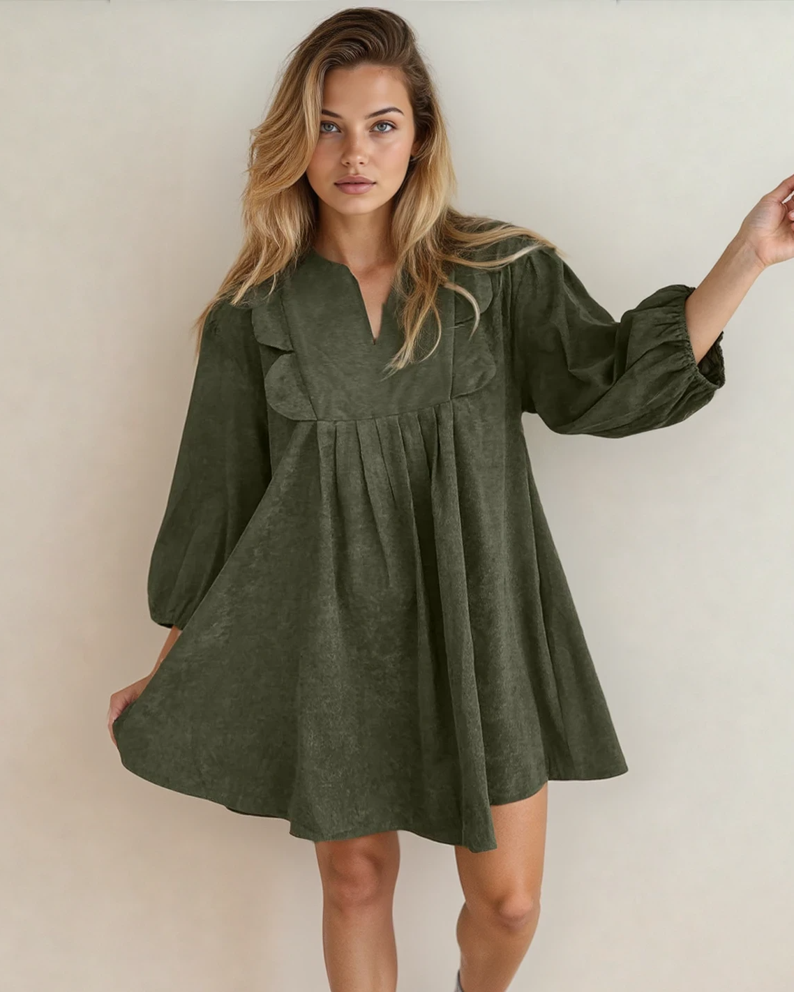 Micah Scallop Detail Pleated Corduroy Mini Dress - Green