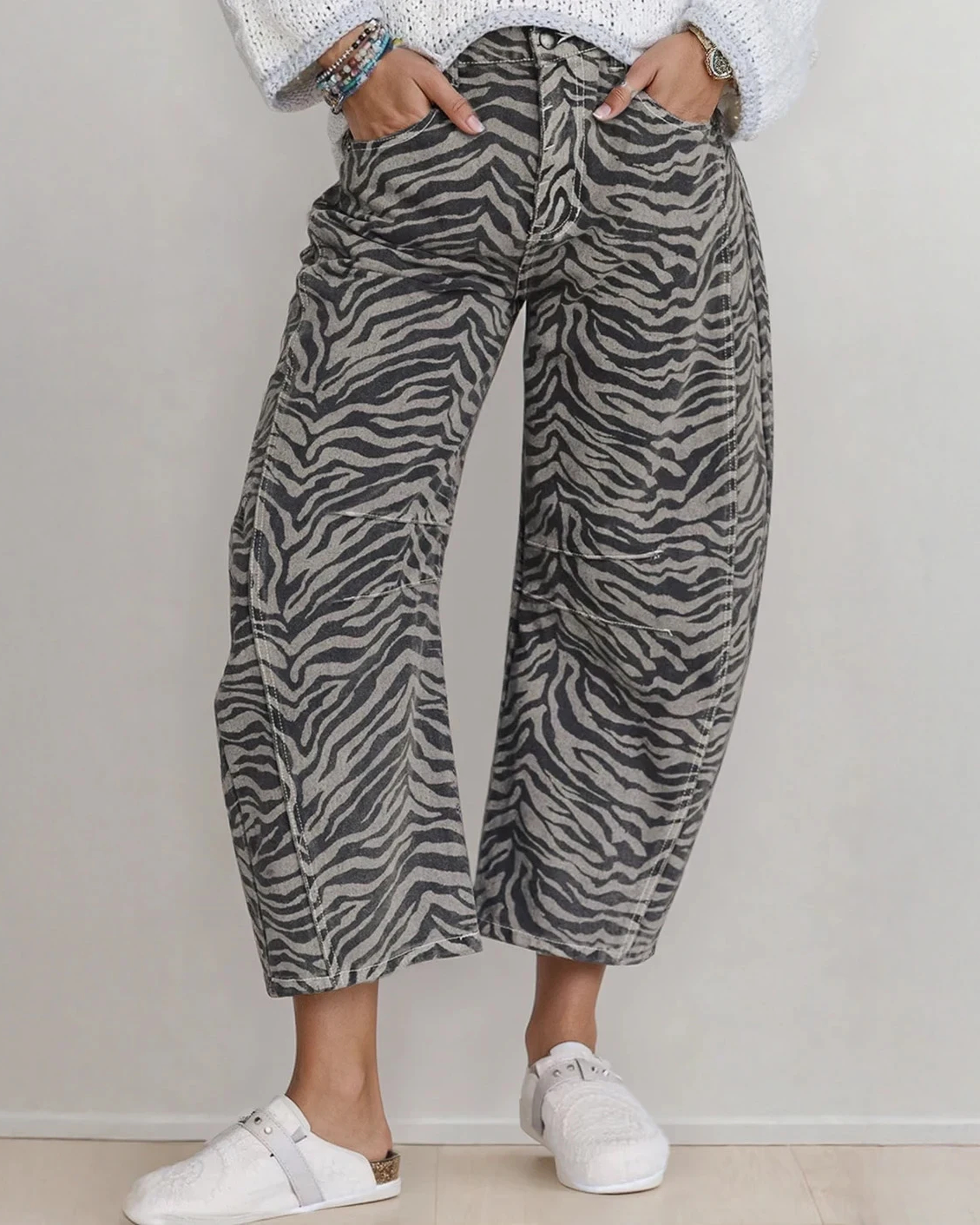 Hailey Zebra Stripe Printed Wide Leg Barrel Jeans