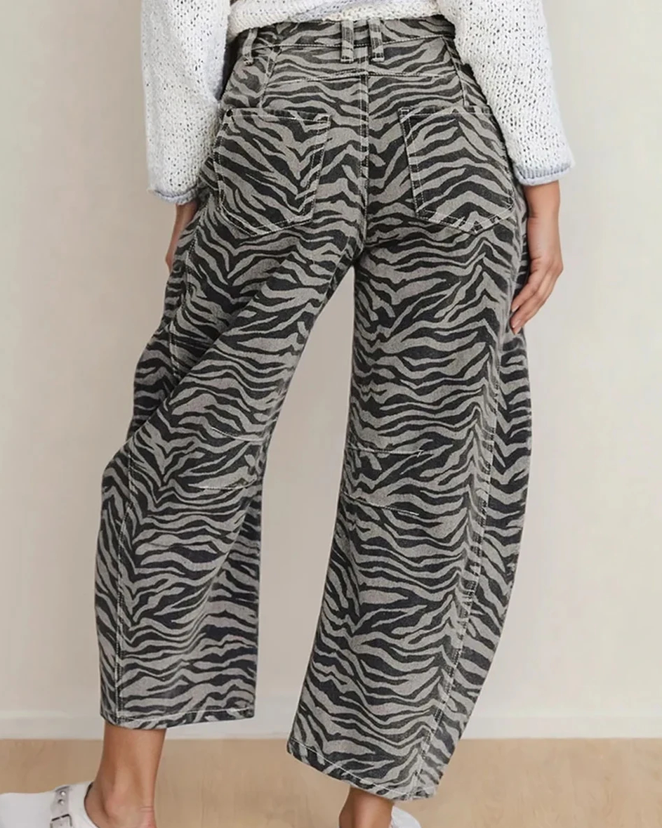 Hailey Zebra Stripe Printed Wide Leg Barrel Jeans