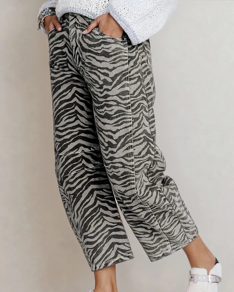 Hailey Zebra Stripe Printed Wide Leg Barrel Jeans