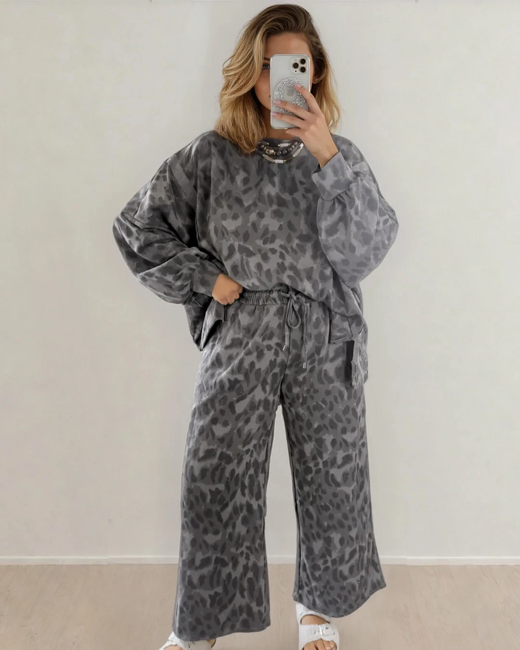 Reese Leopard Print Pullover Drawstring Loose Pants Set - Gray