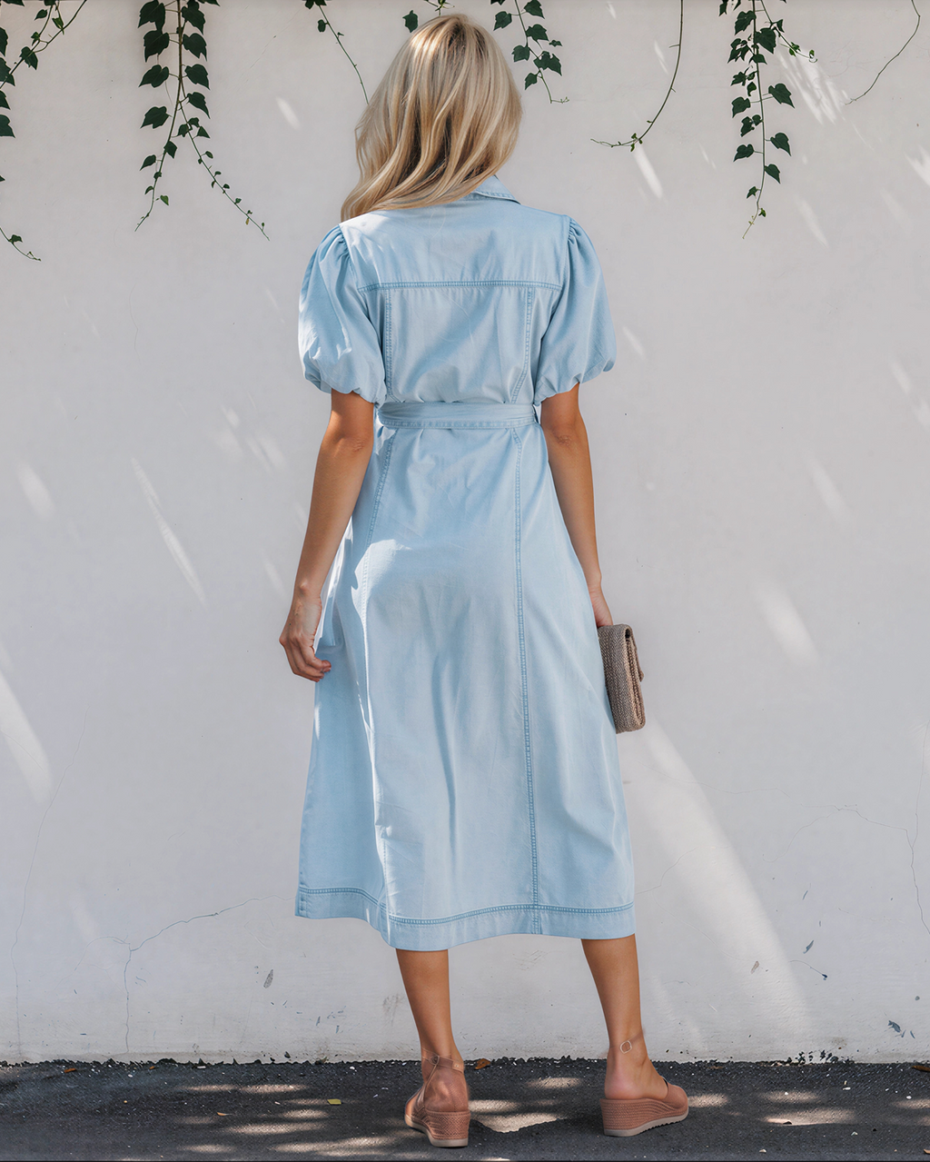 Giselle Collared Short Bubble Sleeve Long Denim Dress