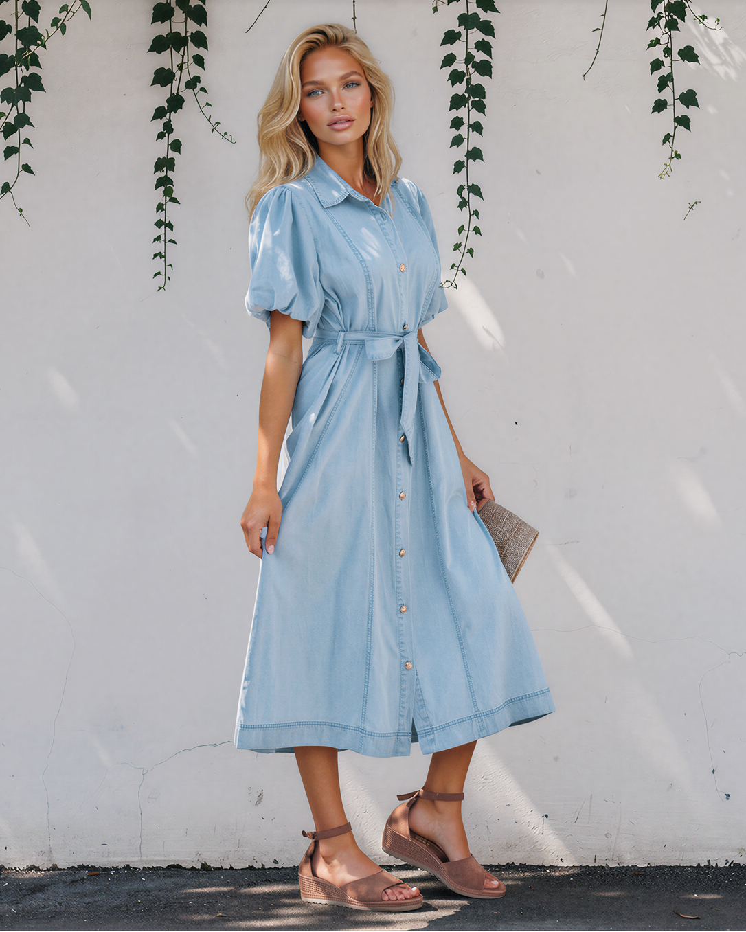 Giselle Collared Short Bubble Sleeve Long Denim Dress