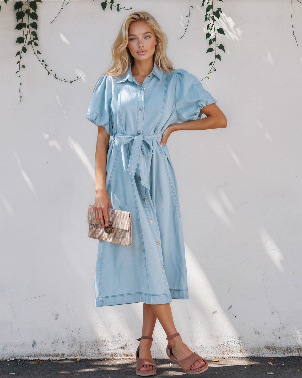 Giselle Collared Short Bubble Sleeve Long Denim Dress