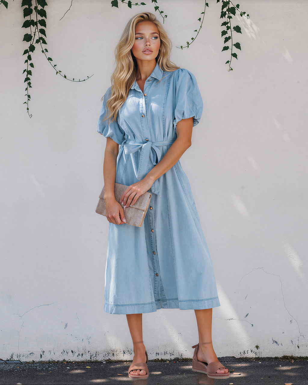 Giselle Collared Short Bubble Sleeve Long Denim Dress