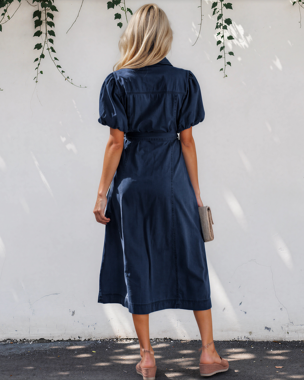 Giselle Collared Short Bubble Sleeve Long Denim Dress