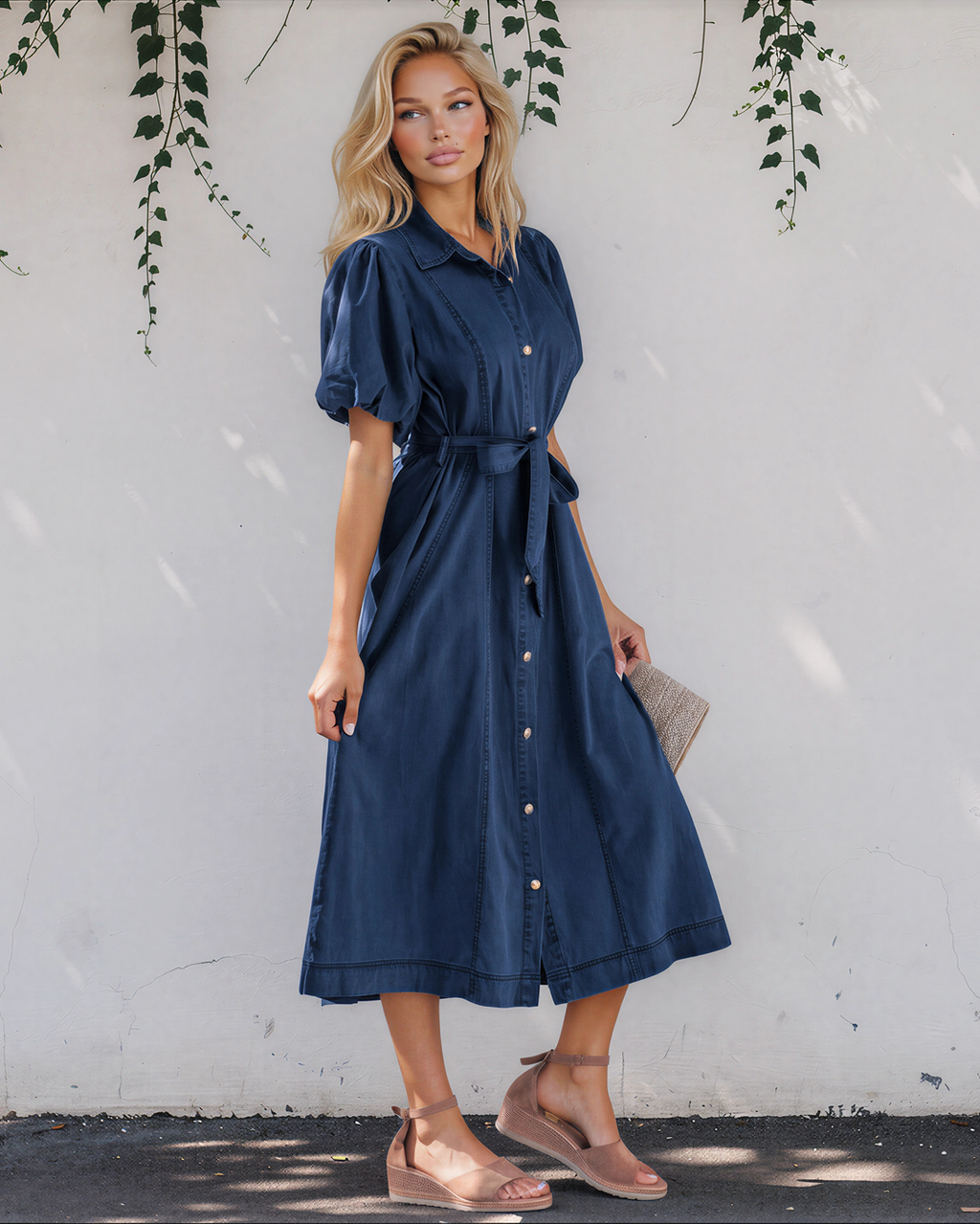 Giselle Collared Short Bubble Sleeve Long Denim Dress