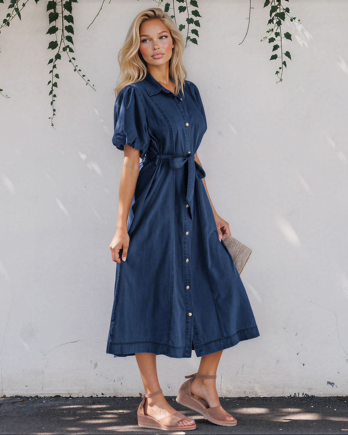 Giselle Collared Short Bubble Sleeve Long Denim Dress