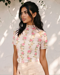 Millie Floral Print Mock Neck Short Sleeve Mesh Top