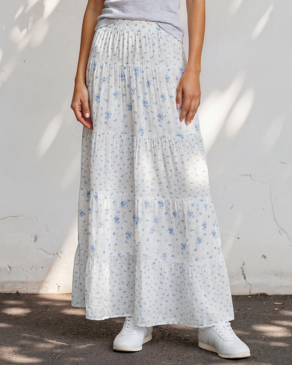 Hadley High Waist Tiny Floral Print Boho Maxi Skirt