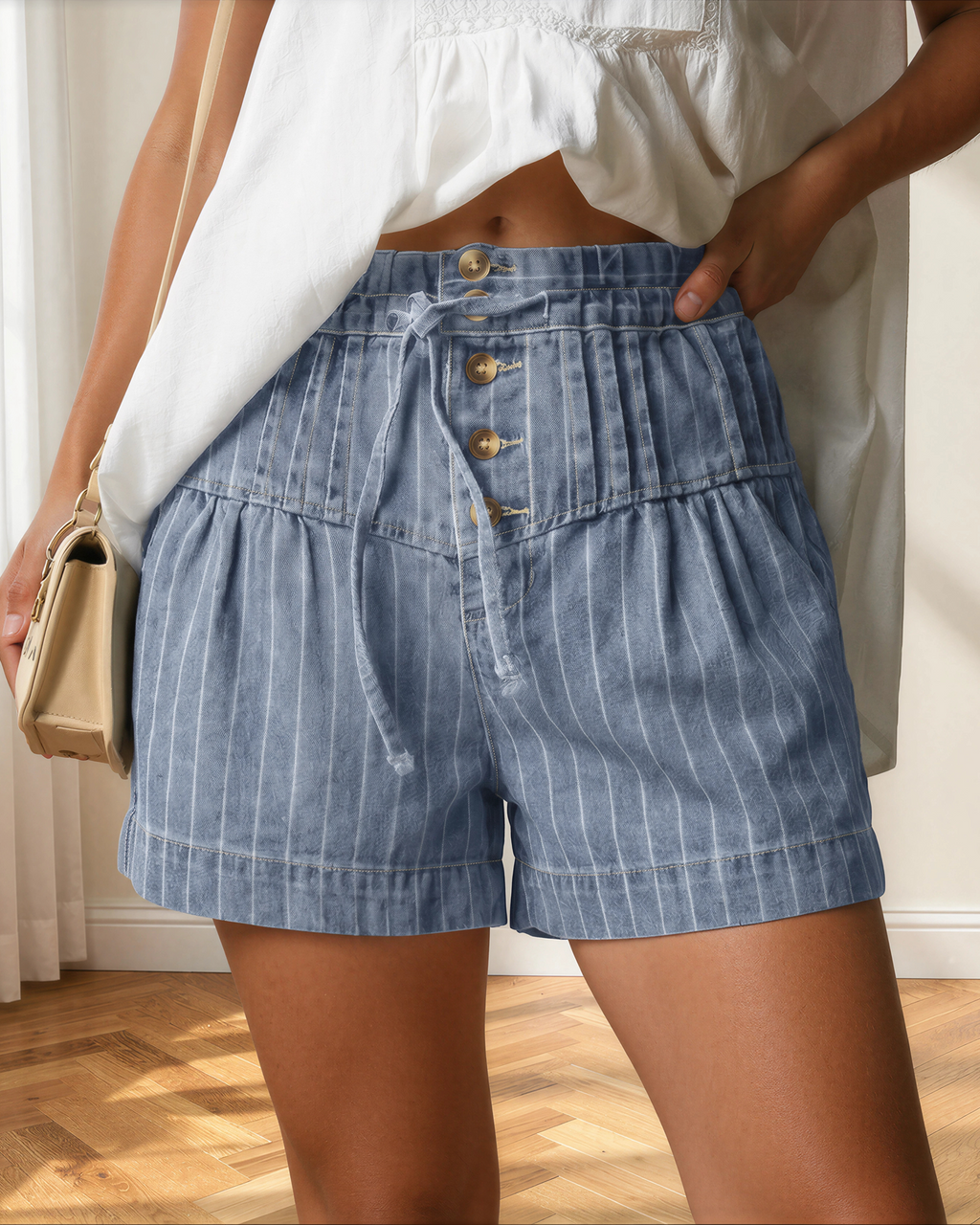 Cora Pleated High Waist Denim Shorts
