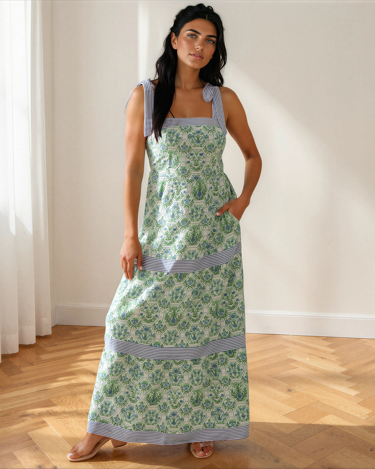 Lily Floral Print Striped Patchwork Detail Sleeveless Dress（Runs Small ）