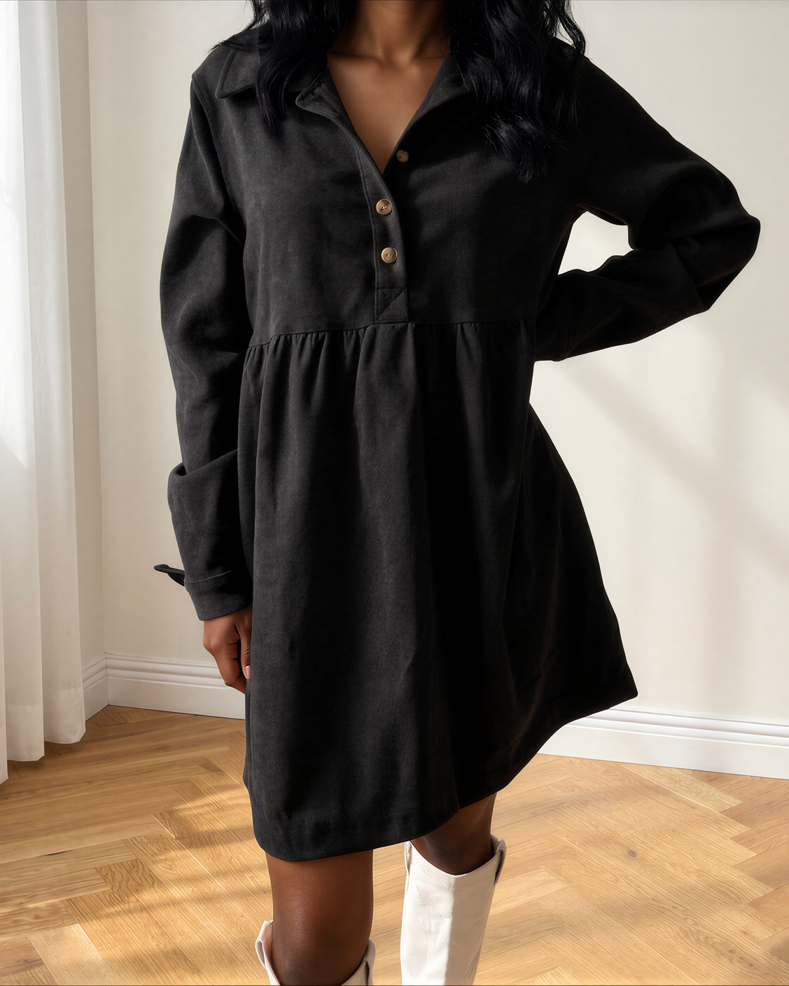 Abigail Corduroy Half Button Collared Long Sleeve Mini Dress