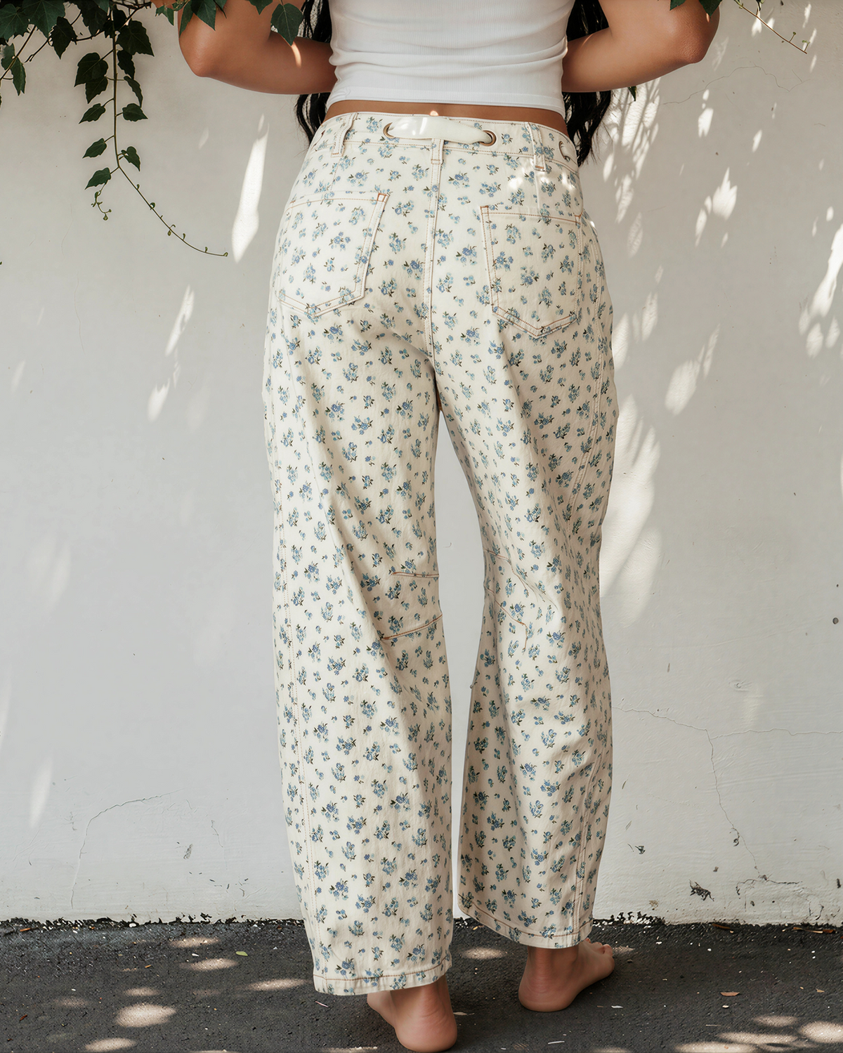 Aspen Grommet Knot Waist Floral Barrel Leg Jeans