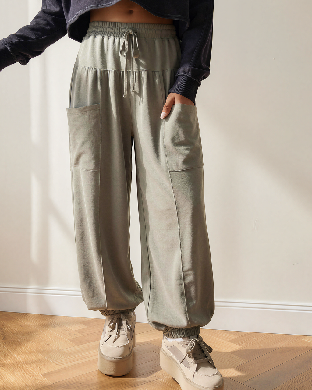 Fern Elastic Waist Drawstring Wide Leg Full Length Pants
