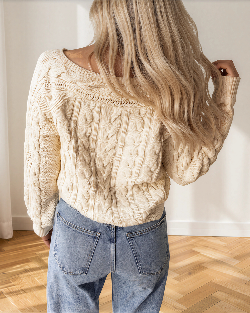Mia Drop Shoulder Round Neck Cable Knit Sweater