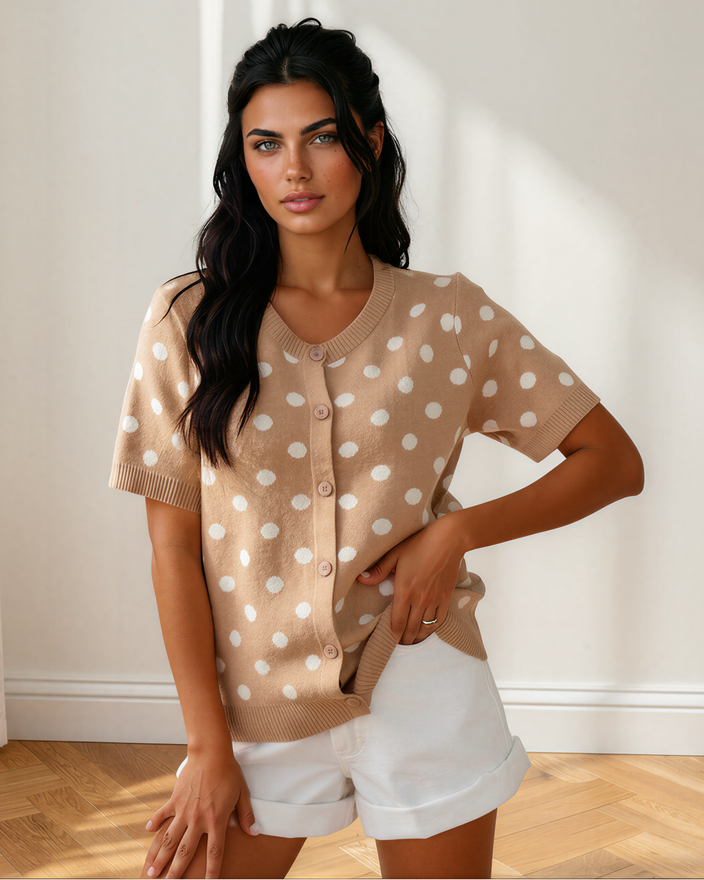 Eva Polka Dot Short Sleeve Button Down Sweater Cardigan