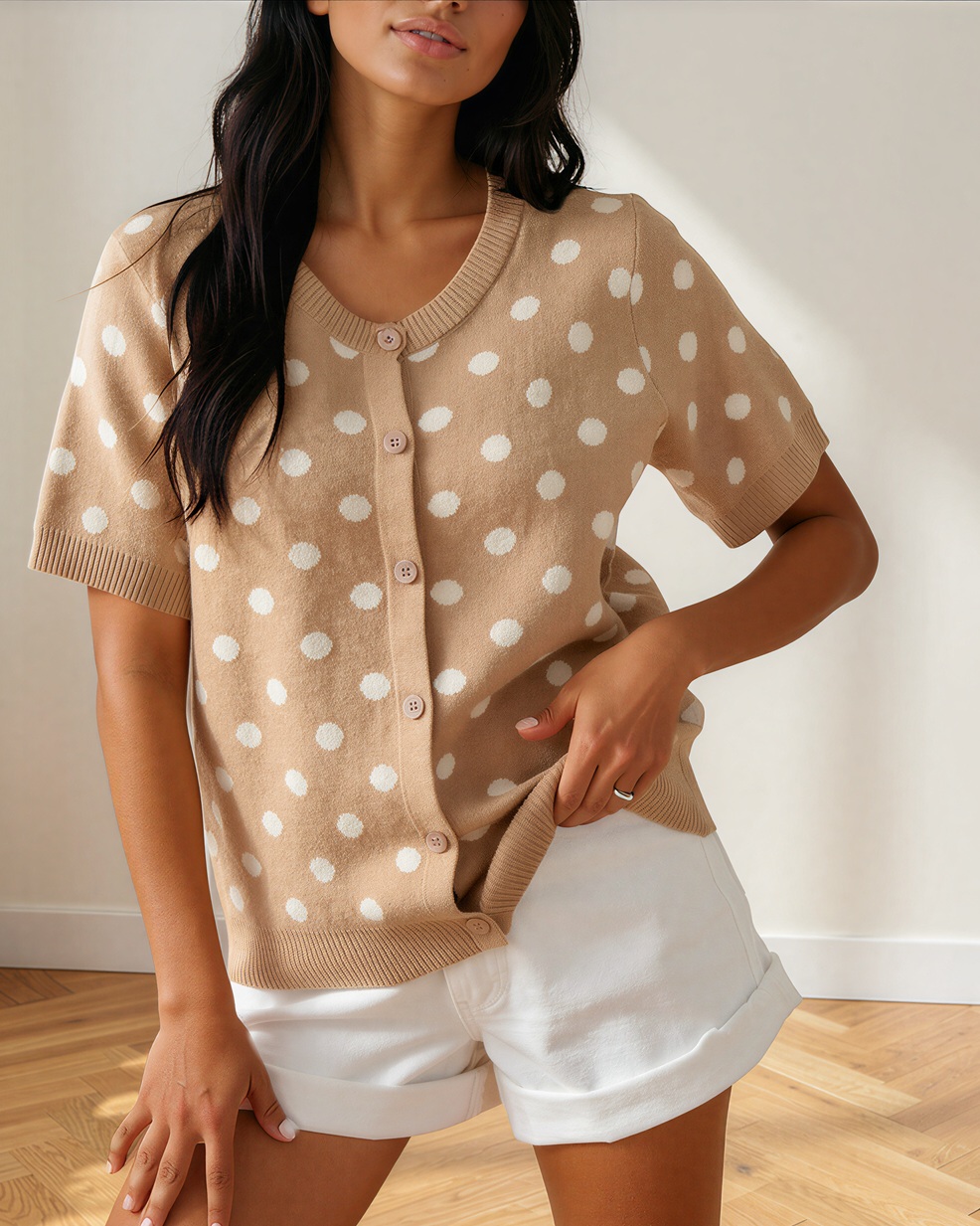 Eva Polka Dot Short Sleeve Button Down Sweater Cardigan