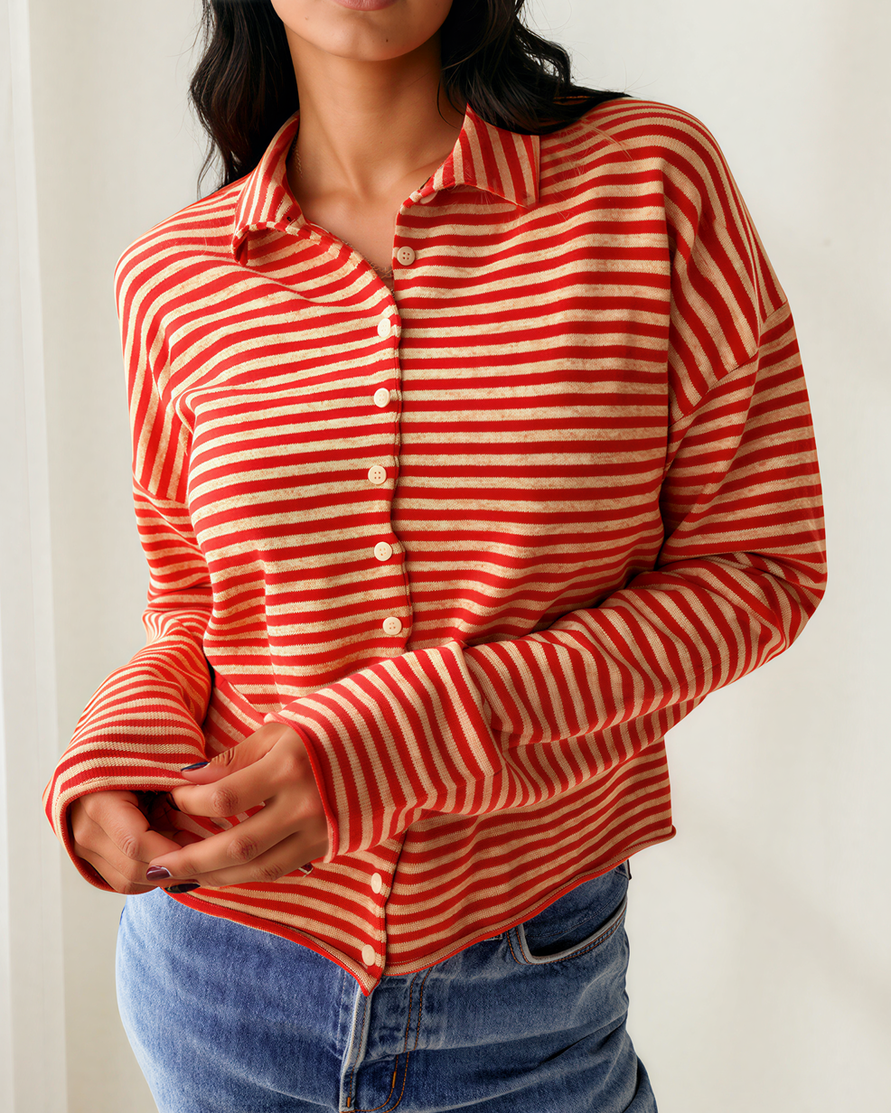 Amelia Striped Button Collar Long Sleeve Knit Cardigan