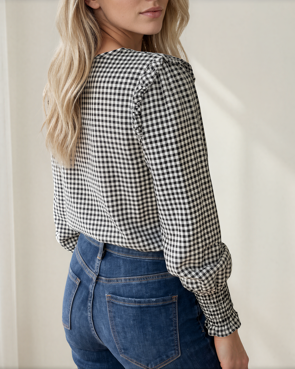 Ava Shirred Cuff Long Sleeve Round Neck Blouse