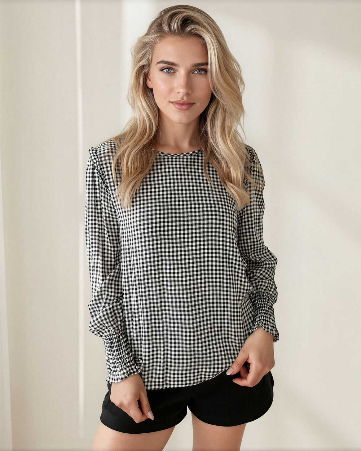 Ava Shirred Cuff Long Sleeve Round Neck Blouse