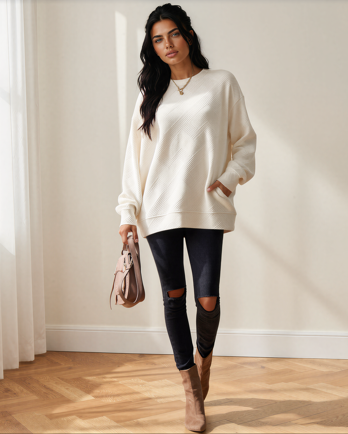 Brynn Textured Round Neck Drop Shoulder Pullover Sweatshirt